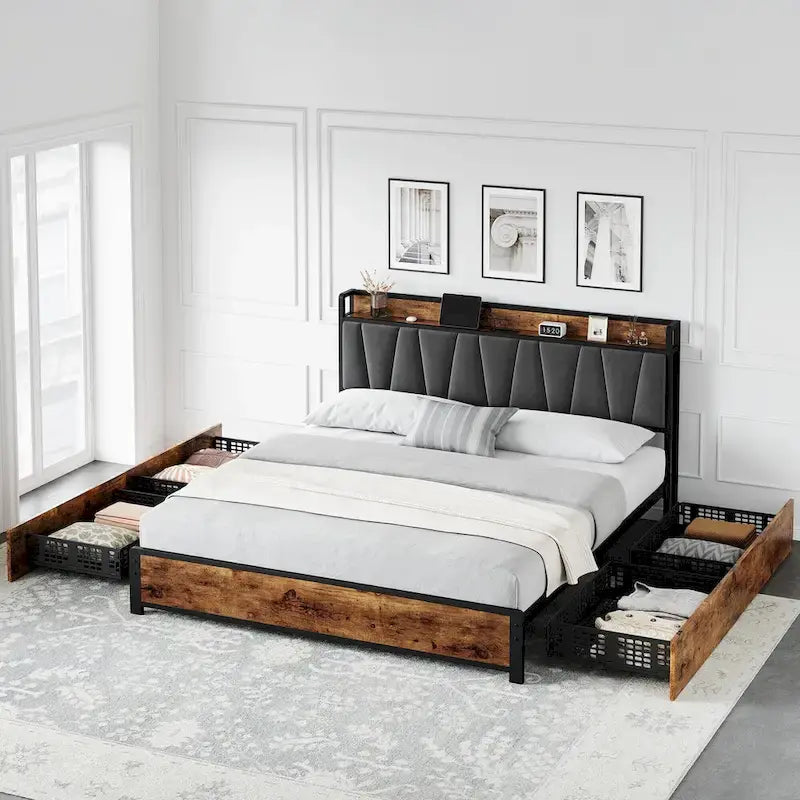 Bed Frame with Storage Linen Upholstered Headboard