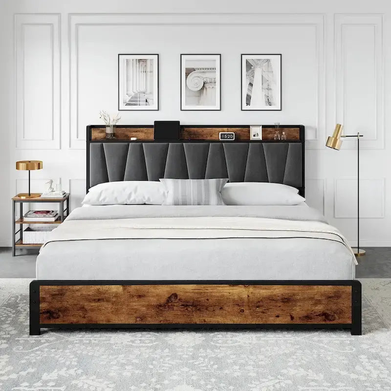 Bed Frame with Storage Linen Upholstered Headboard