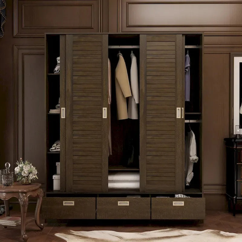 Brown Wood Grain Wardrobe with Drawers, Hanging Rod 4 Sliding Doors