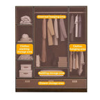 Brown Wood Grain Wardrobe with Drawers, Hanging Rod 4 Sliding Doors
