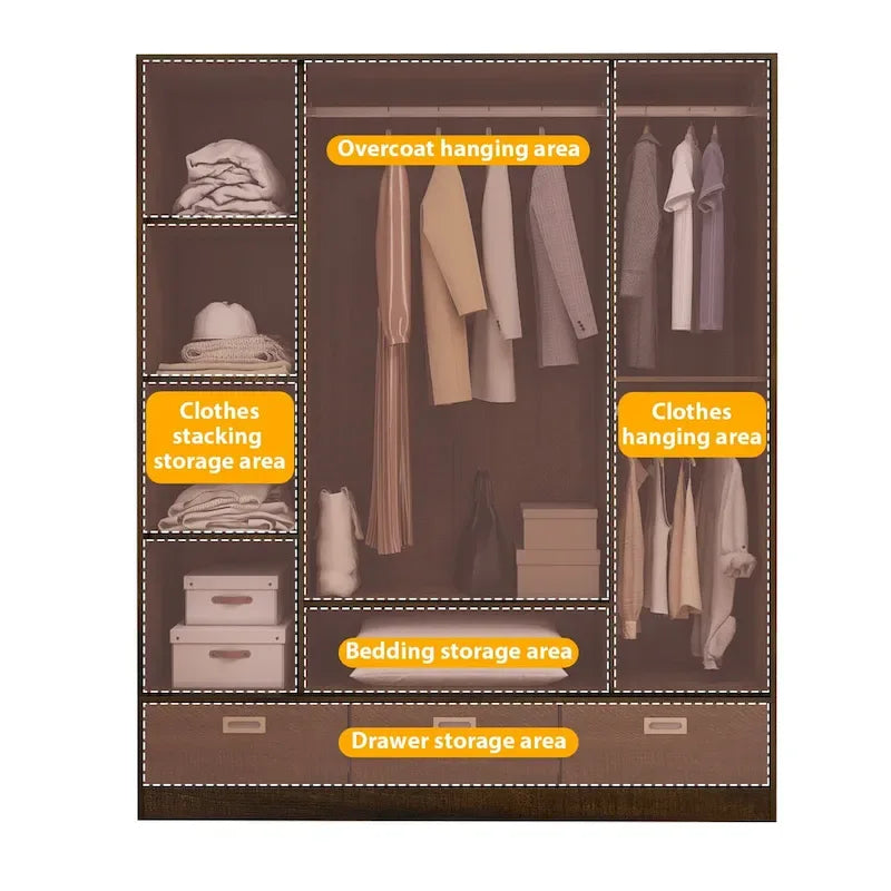Brown Wood Grain Wardrobe with Drawers, Hanging Rod 4 Sliding Doors