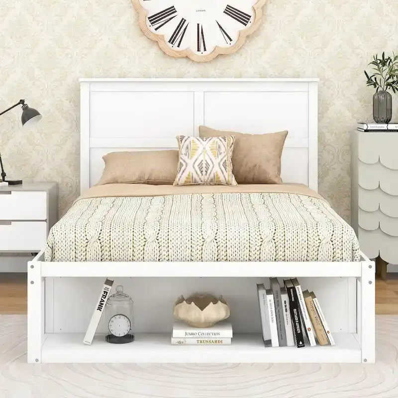 Full Size Platform Bed with Drawer on the Each Side and Shelf on the End of the Bed,