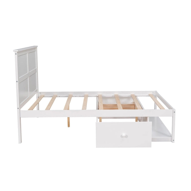 Full Size Platform Bed with Drawer on the Each Side and Shelf on the End of the Bed,