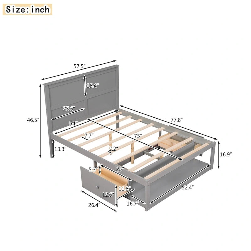 Full Size Platform Bed with Drawer on the Each Side and Shelf on the End of the Bed,