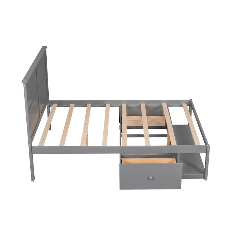 Full Size Platform Bed with Drawer on the Each Side and Shelf on the End of the Bed,