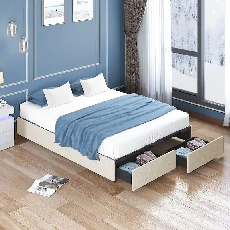 Mixoy Linen Fabric Upholstered Platform Bed Frame with Storage Drawers and Wood Slat