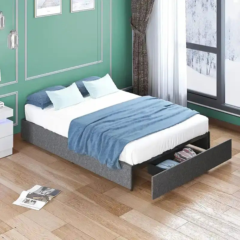 Mixoy Linen Fabric Upholstered Platform Bed Frame with Storage Drawers and Wood Slat