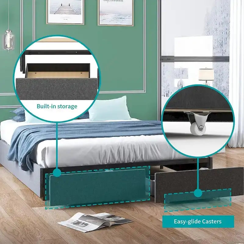 Mixoy Linen Fabric Upholstered Platform Bed Frame with Storage Drawers and Wood Slat