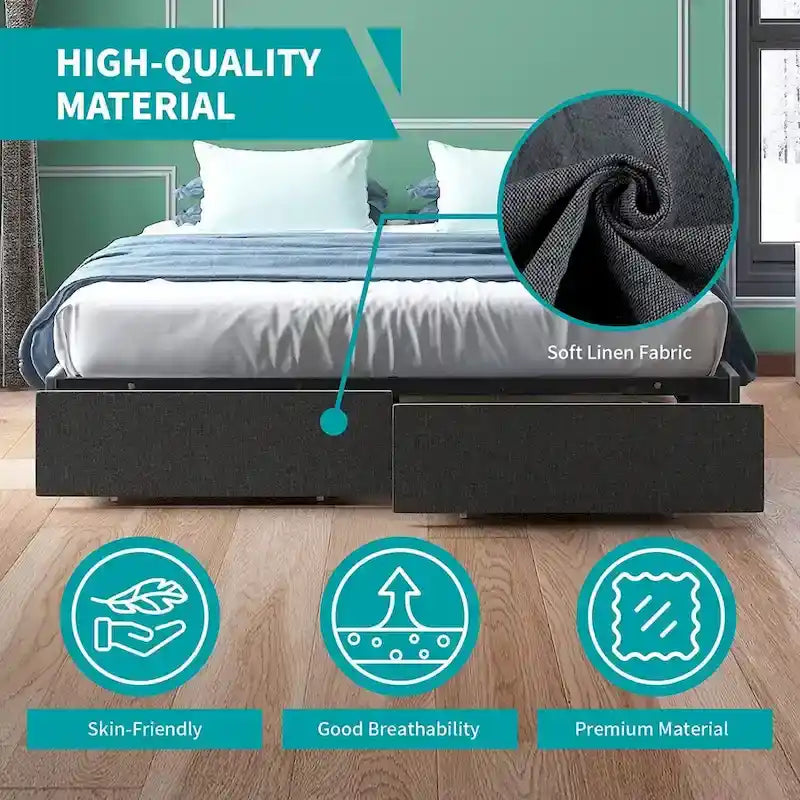 Mixoy Linen Fabric Upholstered Platform Bed Frame with Storage Drawers and Wood Slat