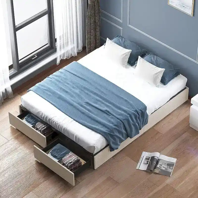 Mixoy Linen Fabric Upholstered Platform Bed Frame with Storage Drawers and Wood Slat