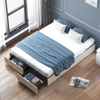 Mixoy Linen Fabric Upholstered Platform Bed Frame with Storage Drawers and Wood Slat