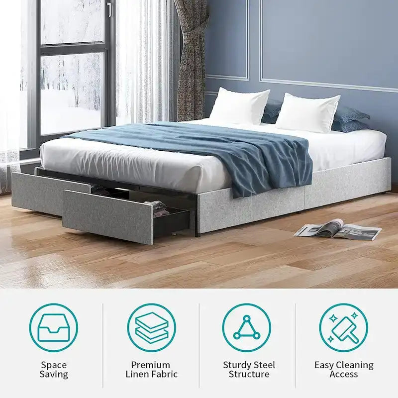 Mixoy Linen Fabric Upholstered Platform Bed Frame with Storage Drawers and Wood Slat