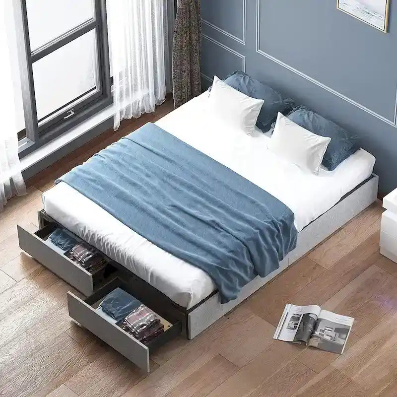 Mixoy Linen Fabric Upholstered Platform Bed Frame with Storage Drawers and Wood Slat