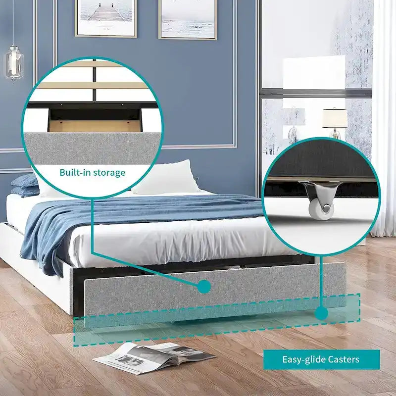 Mixoy Linen Fabric Upholstered Platform Bed Frame with Storage Drawers and Wood Slat