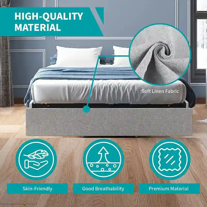 Mixoy Linen Fabric Upholstered Platform Bed Frame with Storage Drawers and Wood Slat
