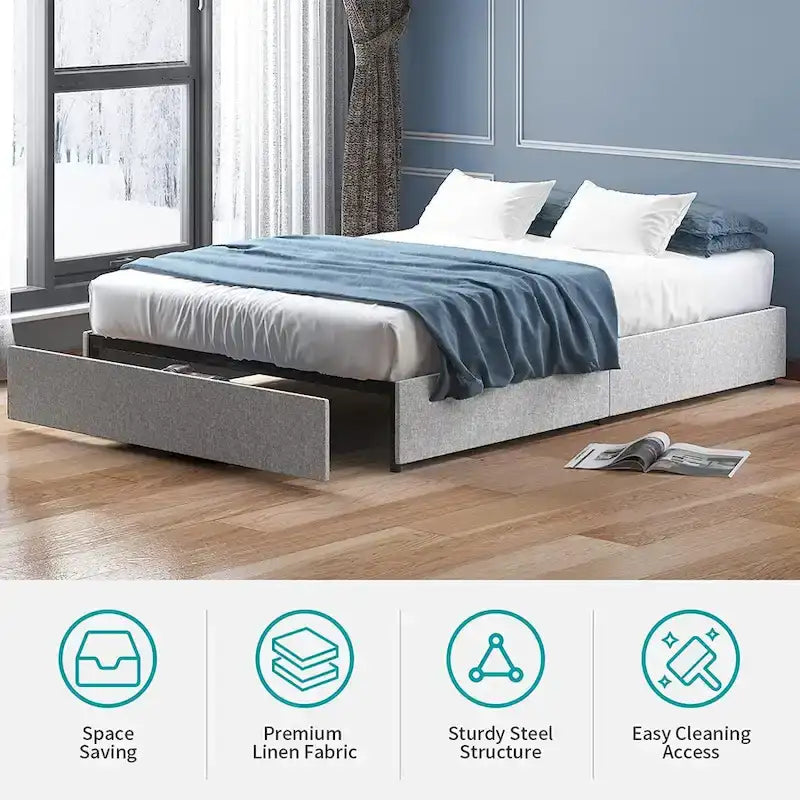 Mixoy Linen Fabric Upholstered Platform Bed Frame with Storage Drawers and Wood Slat