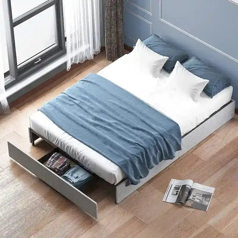 Mixoy Linen Fabric Upholstered Platform Bed Frame with Storage Drawers and Wood Slat