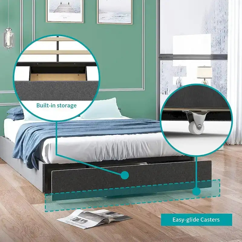 Mixoy Linen Fabric Upholstered Platform Bed Frame with Storage Drawers and Wood Slat