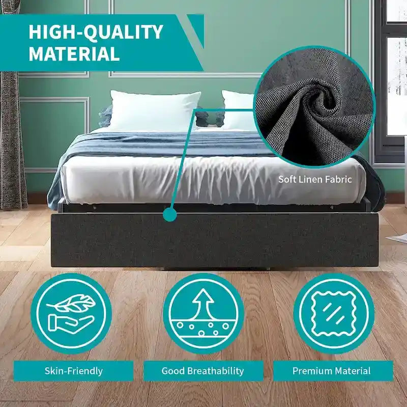 Mixoy Linen Fabric Upholstered Platform Bed Frame with Storage Drawers and Wood Slat
