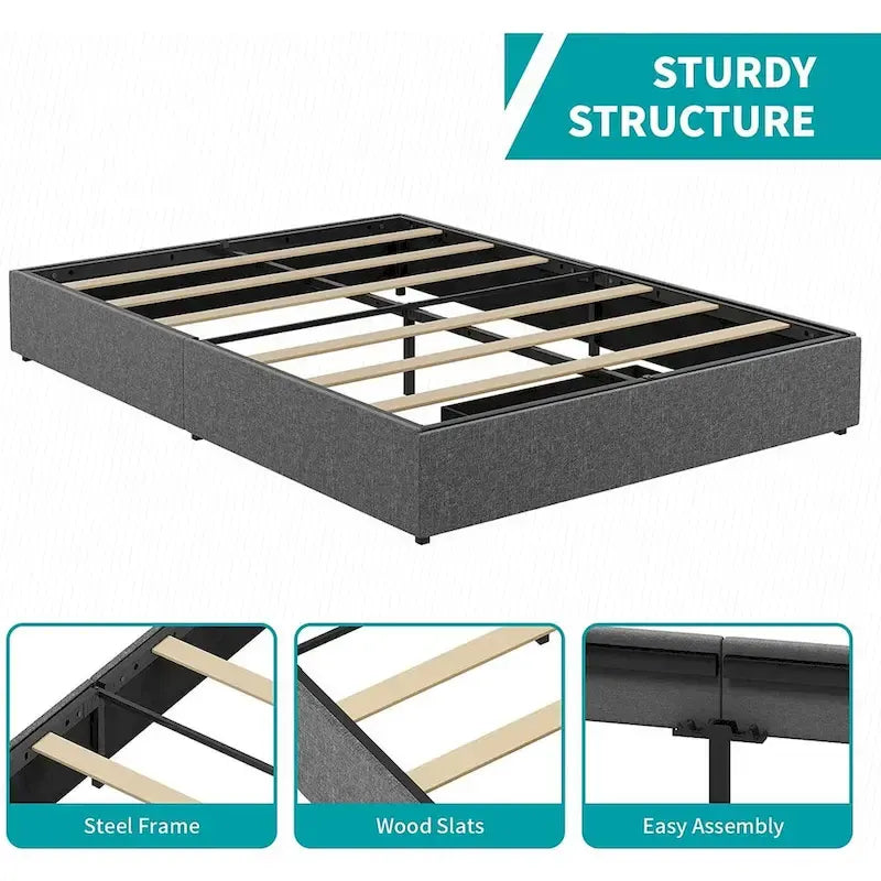 Mixoy Linen Fabric Upholstered Platform Bed Frame with Storage Drawers and Wood Slat