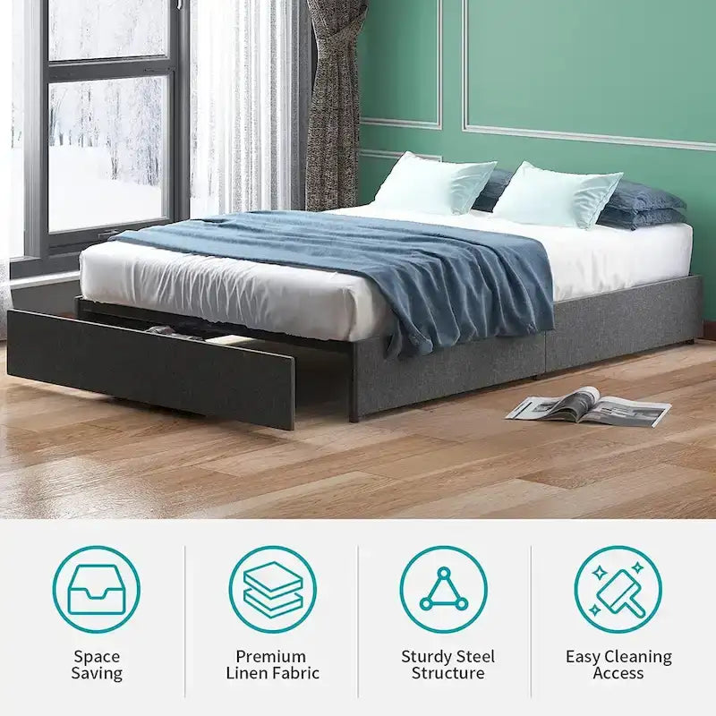 Mixoy Linen Fabric Upholstered Platform Bed Frame with Storage Drawers and Wood Slat