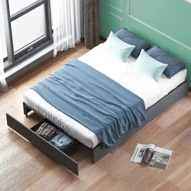 Mixoy Linen Fabric Upholstered Platform Bed Frame with Storage Drawers and Wood Slat