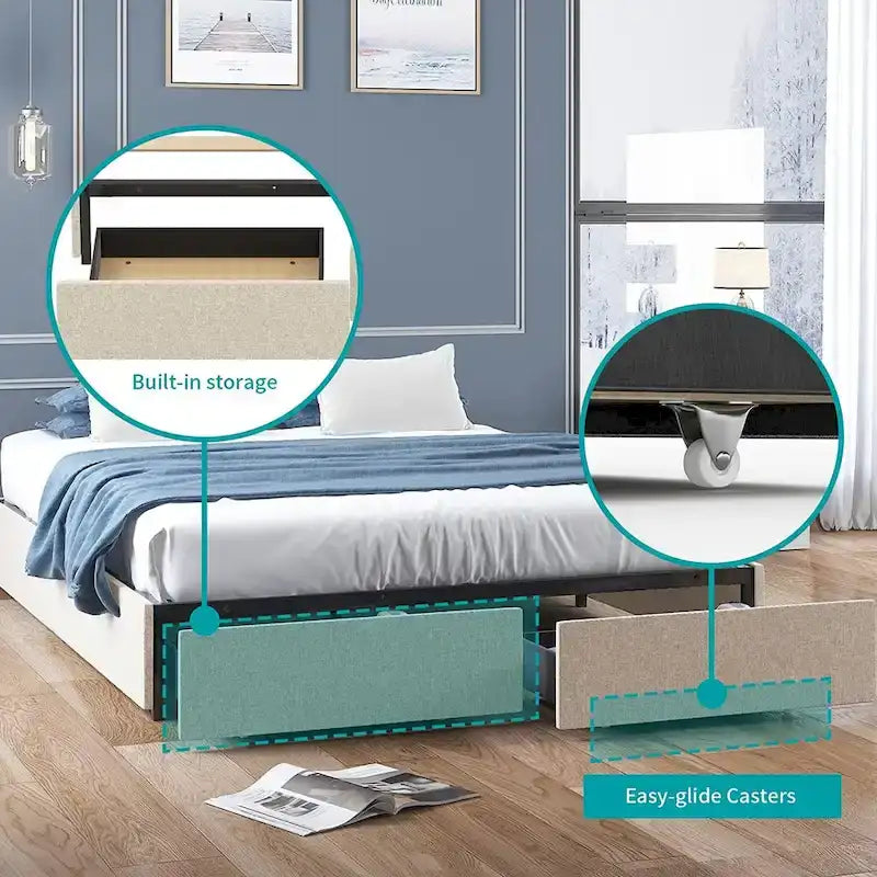 Mixoy Linen Fabric Upholstered Platform Bed Frame with Storage Drawers and Wood Slat