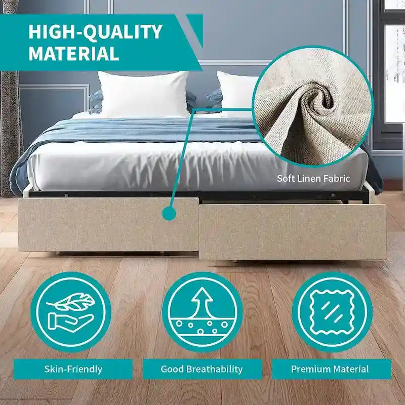 Mixoy Linen Fabric Upholstered Platform Bed Frame with Storage Drawers and Wood Slat