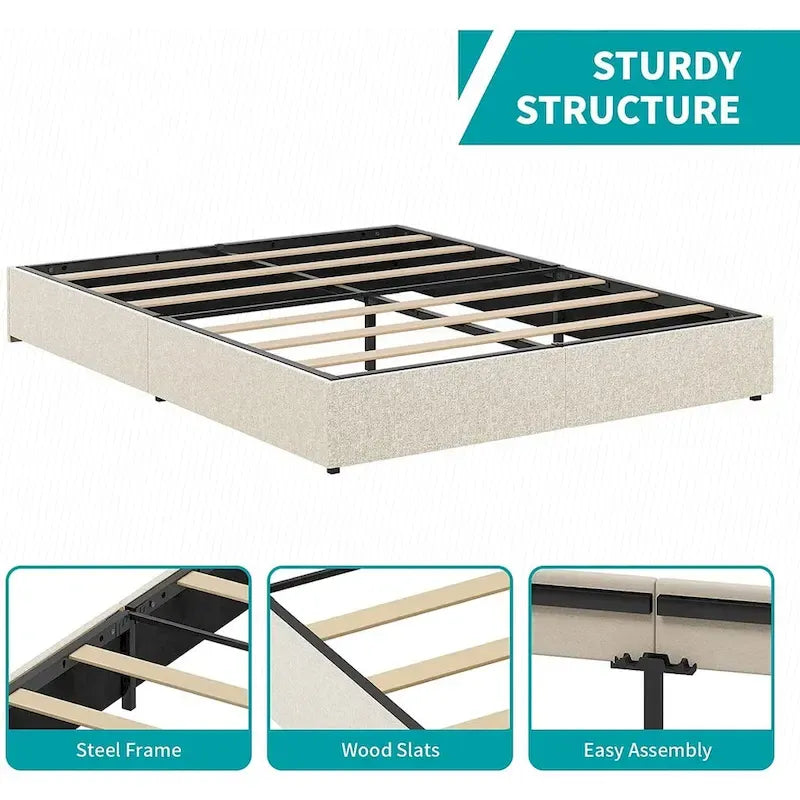 Mixoy Linen Fabric Upholstered Platform Bed Frame with Storage Drawers and Wood Slat