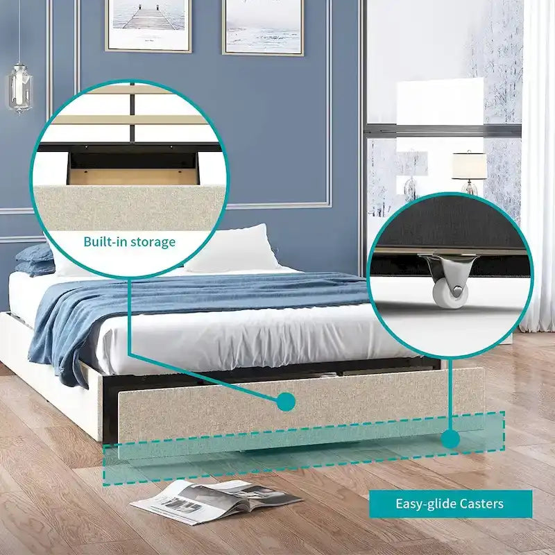 Mixoy Linen Fabric Upholstered Platform Bed Frame with Storage Drawers and Wood Slat