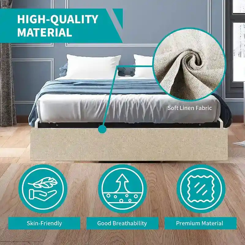 Mixoy Linen Fabric Upholstered Platform Bed Frame with Storage Drawers and Wood Slat