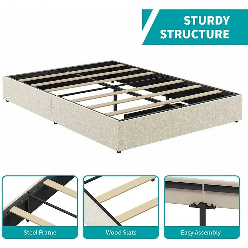 Mixoy Linen Fabric Upholstered Platform Bed Frame with Storage Drawers and Wood Slat