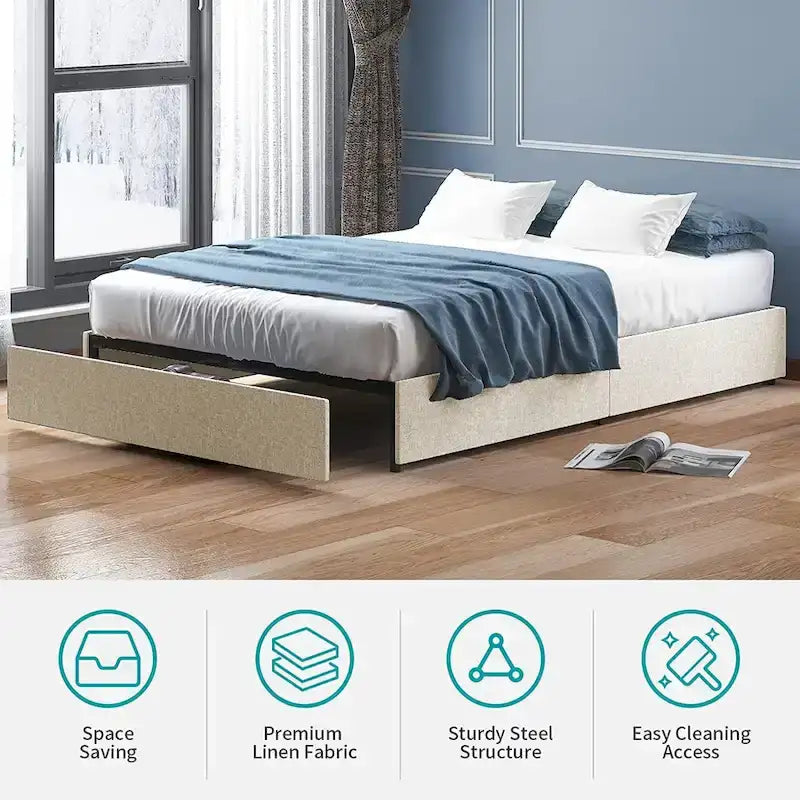 Mixoy Linen Fabric Upholstered Platform Bed Frame with Storage Drawers and Wood Slat