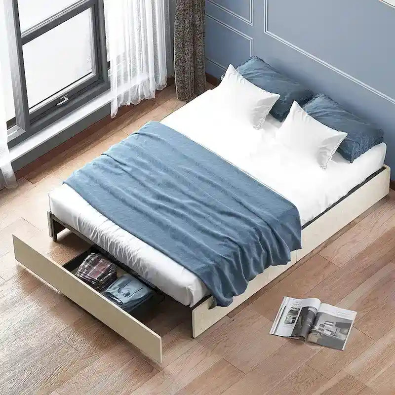 Mixoy Linen Fabric Upholstered Platform Bed Frame with Storage Drawers and Wood Slat