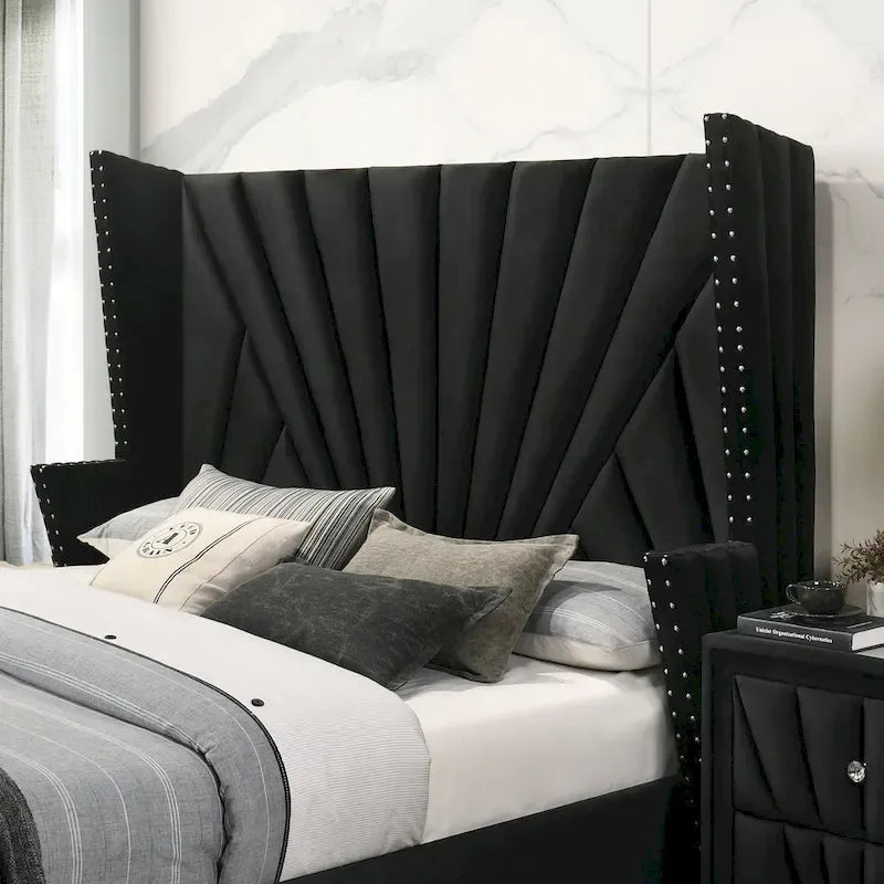 Ambrosia Glam Black Fabric Upholstered Nailhead 5-Piece Panel Bedroom Set by Furniture of America