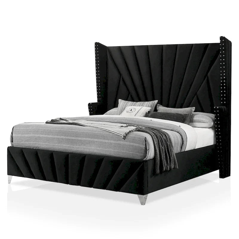 Ambrosia Glam Black Fabric Upholstered Nailhead 5-Piece Panel Bedroom Set by Furniture of America