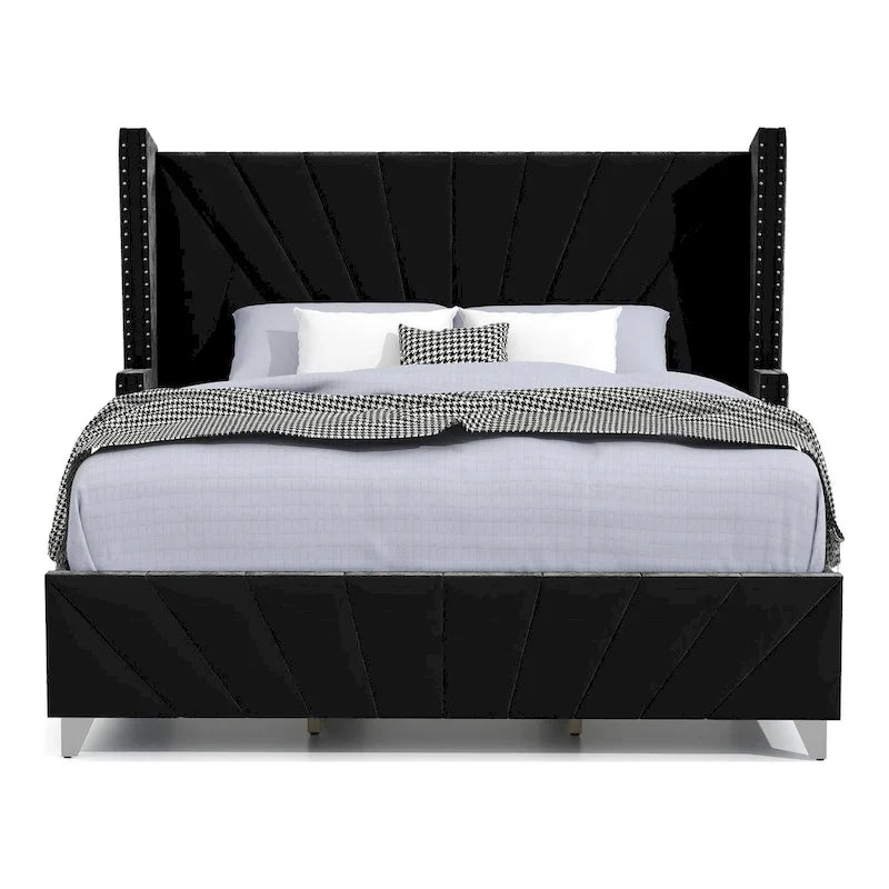 Ambrosia Glam Black Fabric Upholstered Nailhead 5-Piece Panel Bedroom Set by Furniture of America