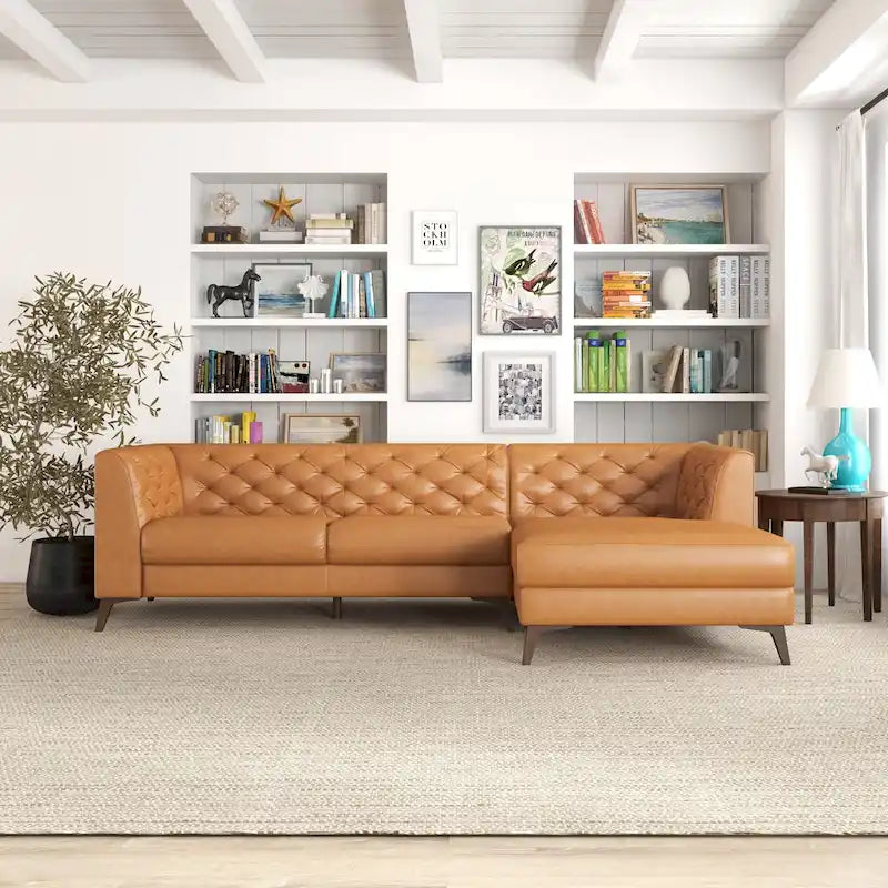 Florentina Modern Chesterfield Tufted Living Room Top Leather Corner Sectional Sofa in Cognac Tan