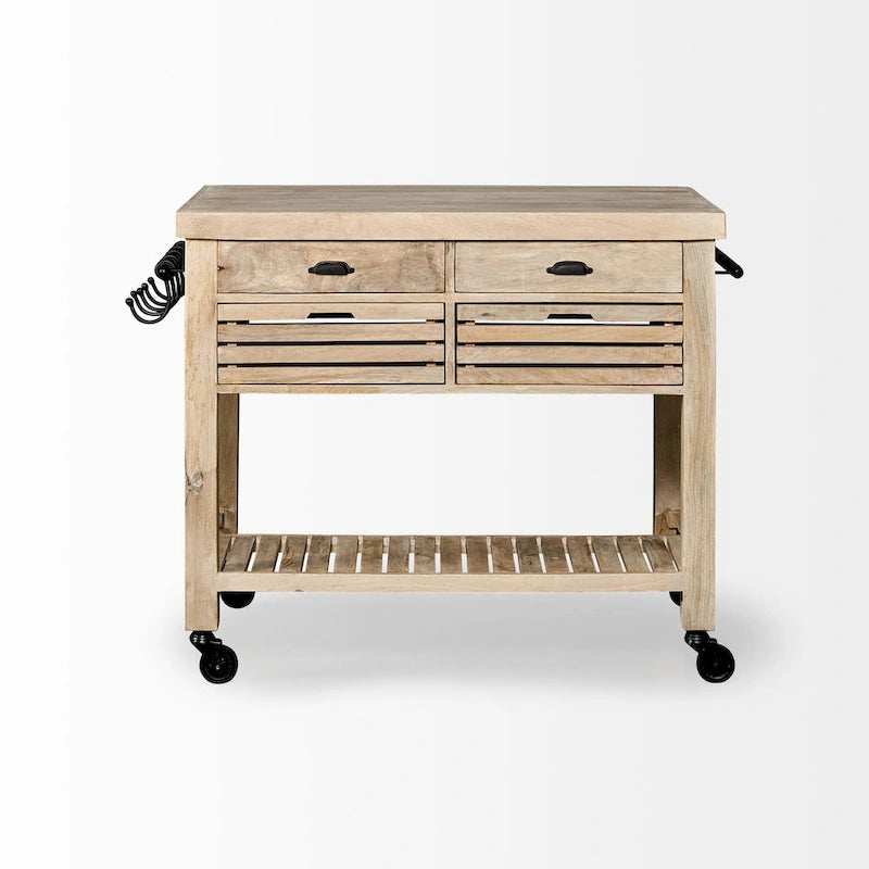 Columbia II Light Brown Base w/Black Iron, Rolling Kitchen Island - 46W x 32D x 36H