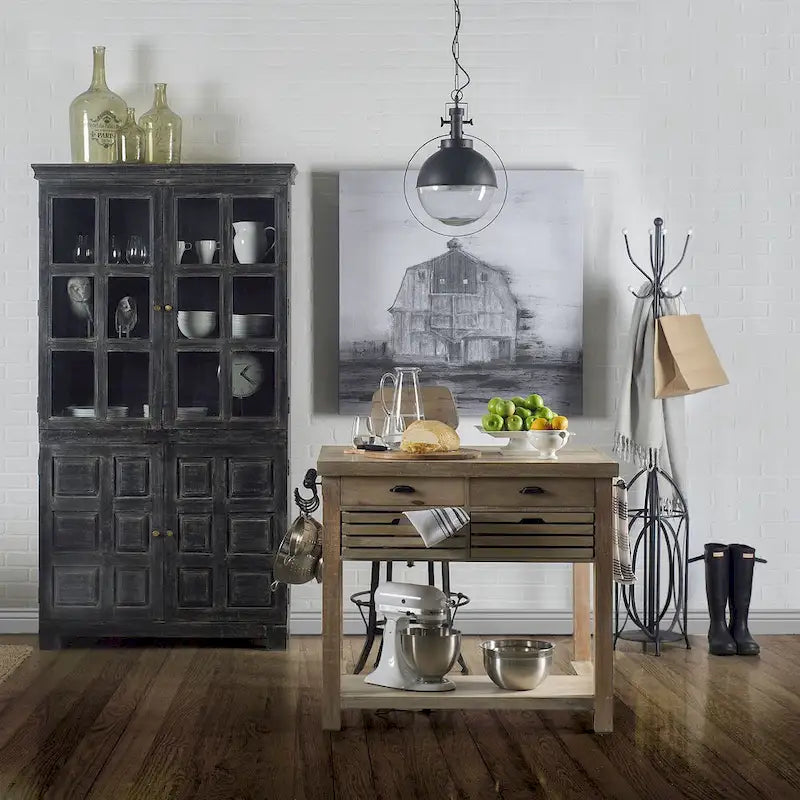 Columbia II Light Brown Base w/Black Iron, Rolling Kitchen Island - 46W x 32D x 36H