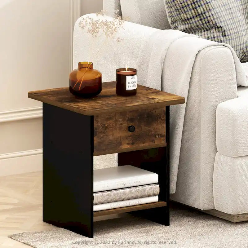 Furinno Dario End Table/ Night Stand Storage Shelf with Bin Drawer