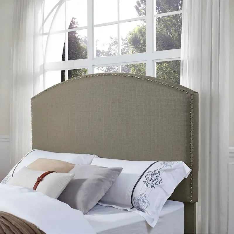 Cassie Curved Upholstered Full/Queen Headboard in Shadow Grey Linen