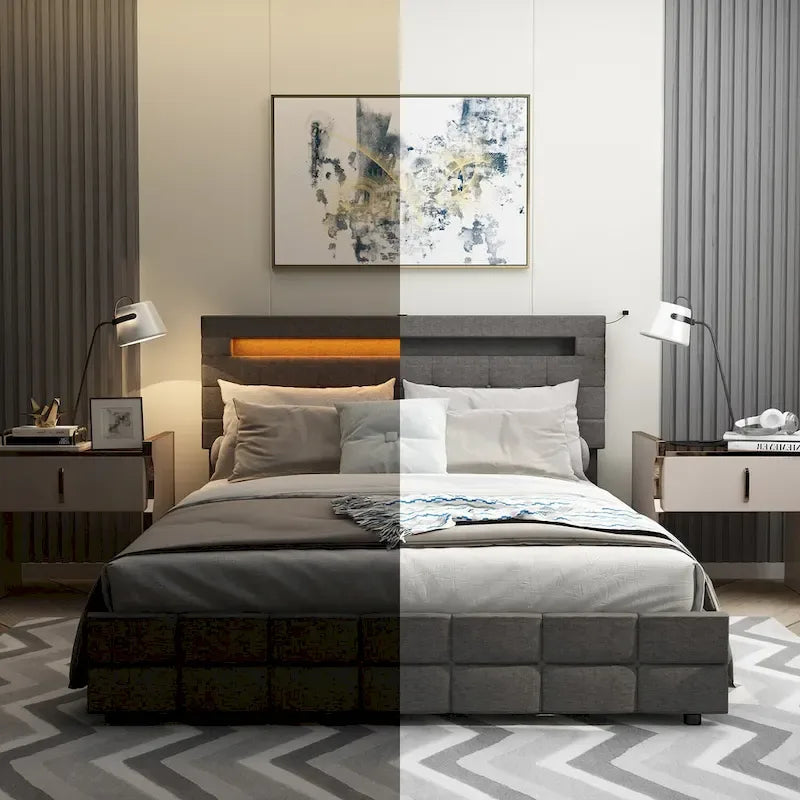 Queen Bed Frame with Drawers LED Bed Frame with USB Charging Station