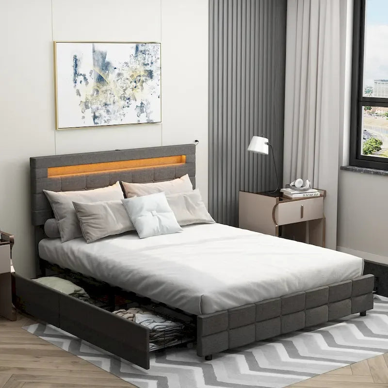 Queen Bed Frame with Drawers LED Bed Frame with USB Charging Station