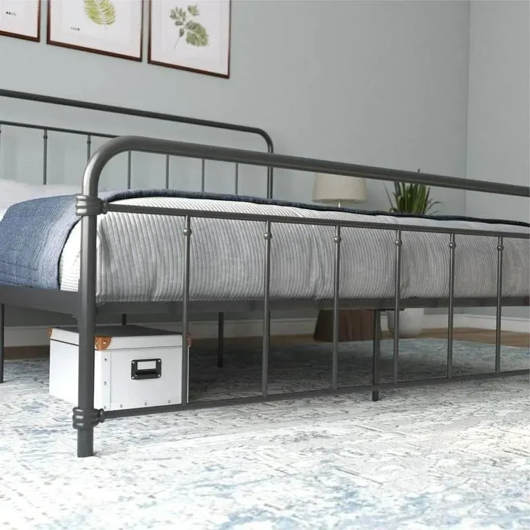 Vintage Black Metal Platform Bed Frame with Headboard and Footboard