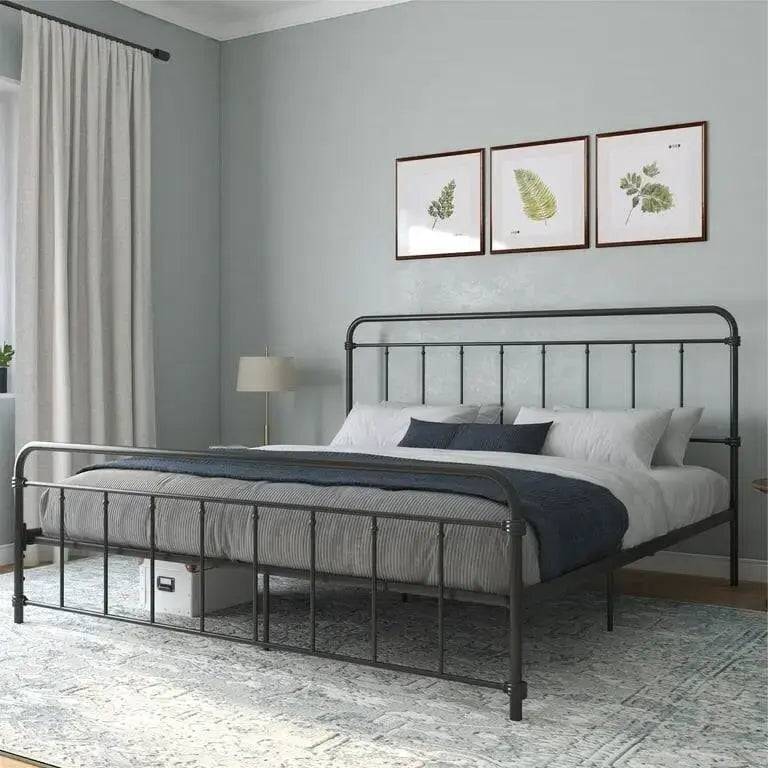 Vintage Black Metal Platform Bed Frame with Headboard and Footboard