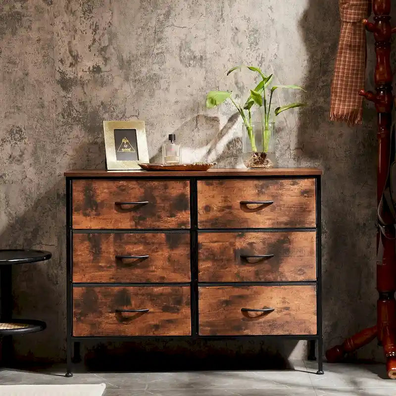 6 Drawers Dresser Chest with Metal Frame and Wooden Top