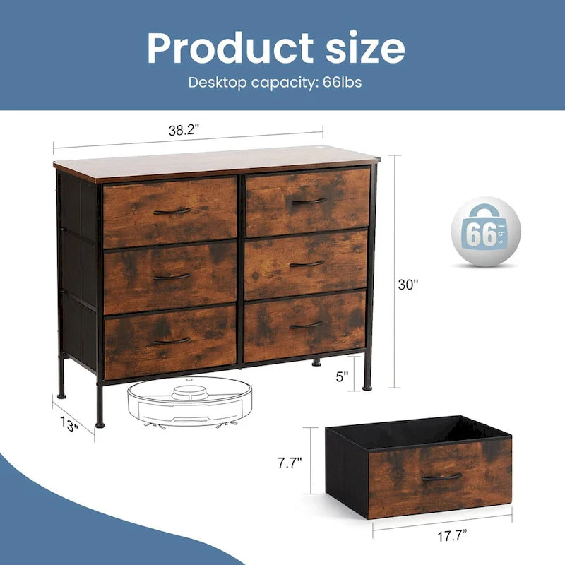 6 Drawers Dresser Chest with Metal Frame and Wooden Top