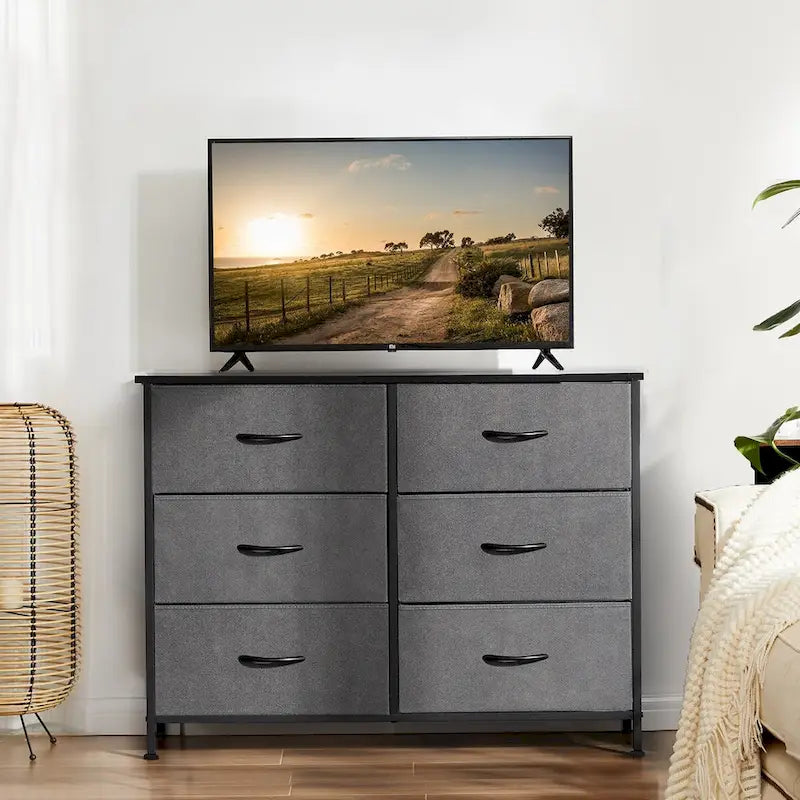 6 Drawers Dresser Chest with Metal Frame and Wooden Top