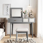 Wood Vanity Desk with Flip-top Makeup Mirror & Stool Dressing Table